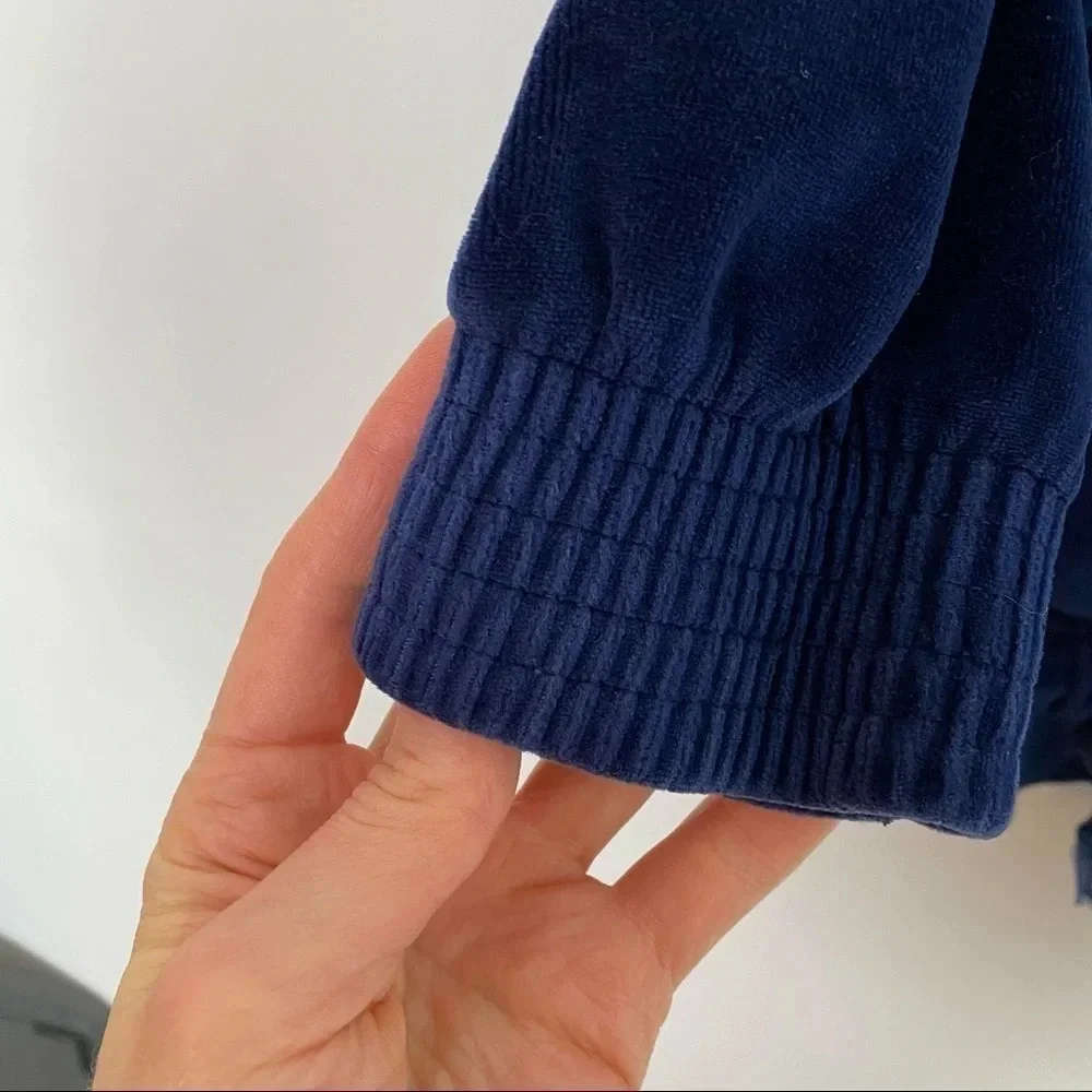 Vintage 90s Velour Grandma Cardigan Size Small Navy Blue Retro Velvet Shirt Top